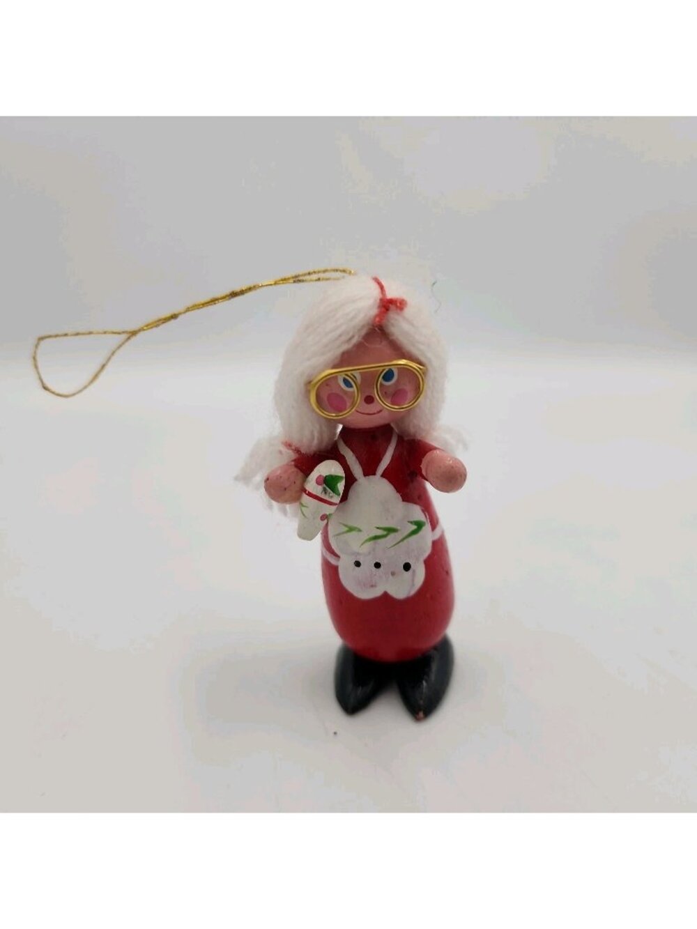 Vintage Mrs Santa Claus Wood Ornament Christmas Tree Glasses Tree Yarn Hair